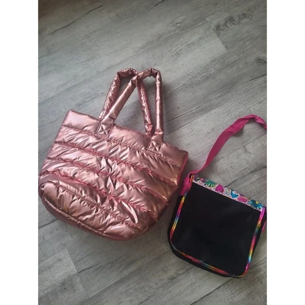 Justice brand rose gold puffy totebag + 1 crossbody